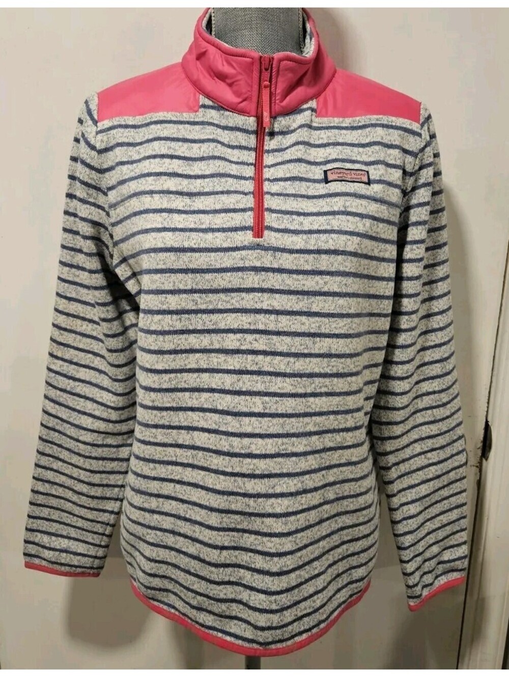 Vineyard Vines Medium Shep Shirt Gray Navy Pink Fleece Striped Sweater